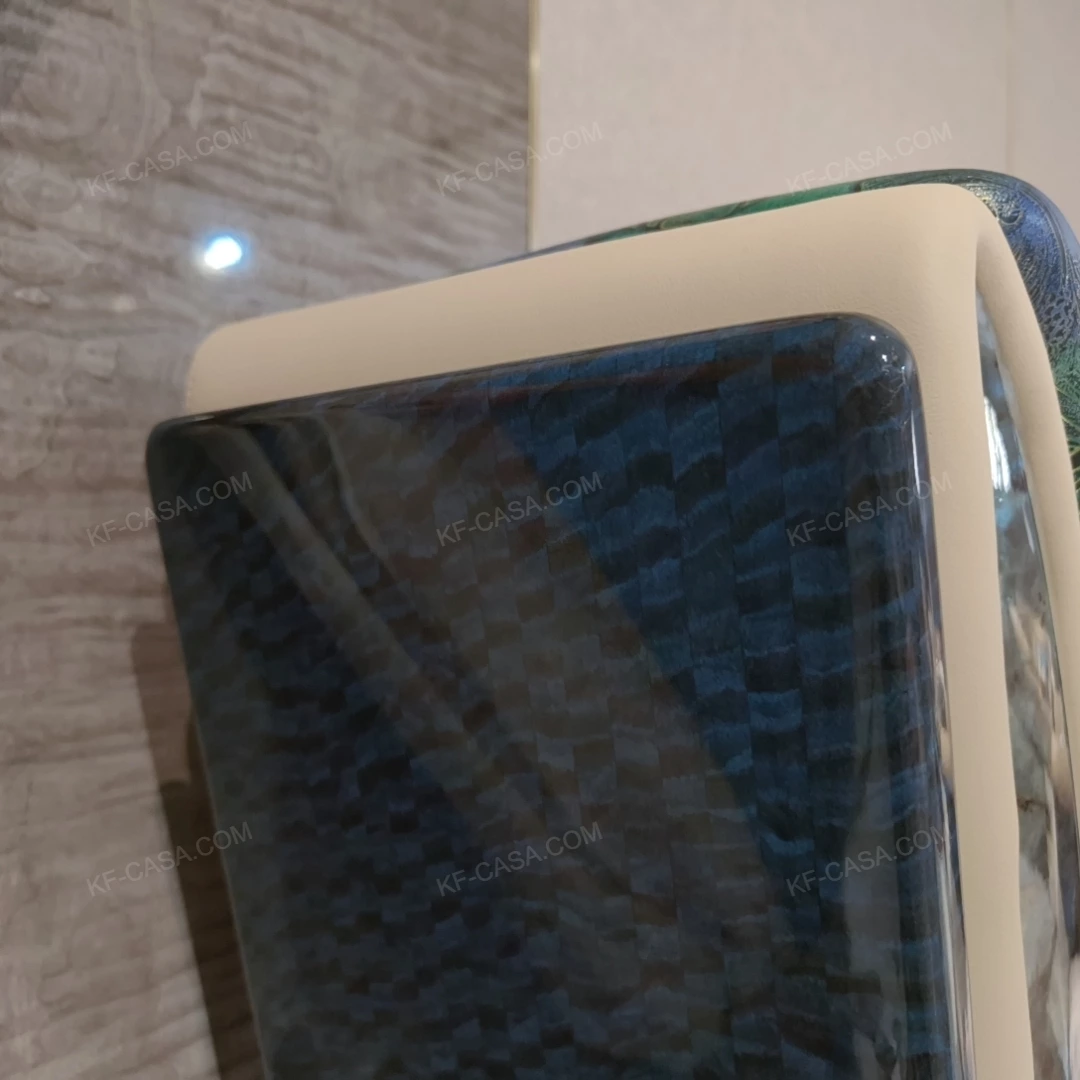 Cream Upholstered Bed with Decorative Accent Trim, Brand Emblem & Gold Stainless Steel Feet